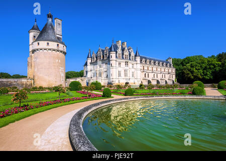 Chenonceaux, France - July 07 2017: The Renaissance Chateau de Chenonceau, built in the XVIth century, is one of the most beautiful castles of the Loi Stock Photo