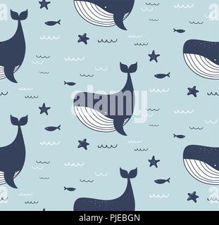 Sea life, whales, dolphins, seamless pattern Stock Vector