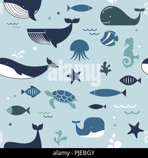 Sea life, whales, dolphins, seamless pattern Stock Vector