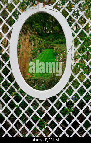 View of Roses through trellis Stock Photo