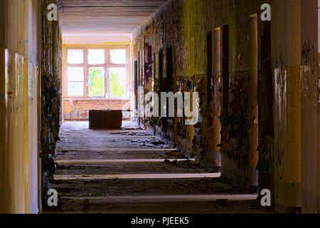 Grungy hallway in an abandoned building with light coming from the rooms to the right. At the end a chair and a knocked over desk can be seen. Stock Photo