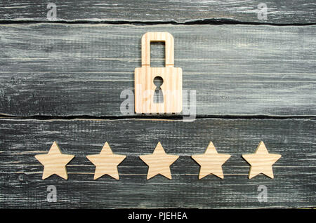 A wooden padlock and five stars. Security, security of users and business. Internet security, antivirus, data protection. Alarms of home, car and busi Stock Photo