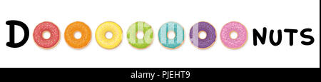 Donuts - word as image with colorful donuts instead of the letter O. Rainbow colored collection. Stock Photo