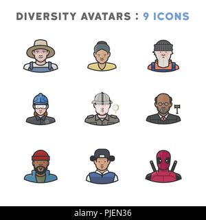 9 Avatars of people including elderly people, a judge, a fisherman, a construction worker, and archaeologist. Stock Vector