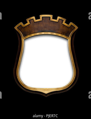 Heraldic shield diploma in wooden frame isolated on black Stock Photo