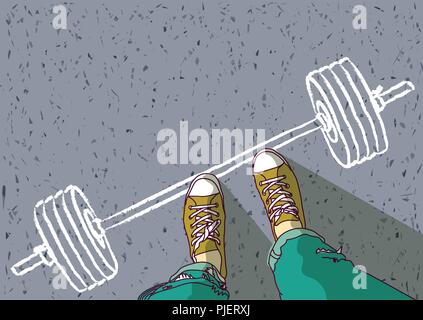 Feet of young man and barbell painted on asphalt top view Stock Vector