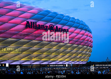 A general view of the Allianz Arena and UEFA Champions League branding  pitch side before the match Stock Photo - Alamy