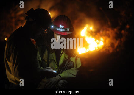 Redding, California, USA. 6th Sep, 2018. The US Forest Service Laguna Hotshots spend the night creating a controlled burn to connect the active north eastern front of the Delta Fire into the inactive north western section of the Hirst Fire. Credit: Neal Waters/ZUMA Wire/Alamy Live News Stock Photo