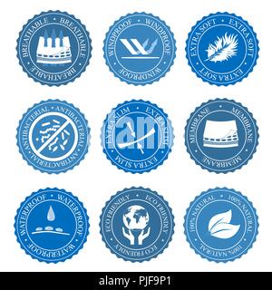 Vector icons set of fabric features. Wind proof, antibacterial, waterproof, membrane, extra soft, and breathable wear labels. Textile industry pictogr Stock Vector