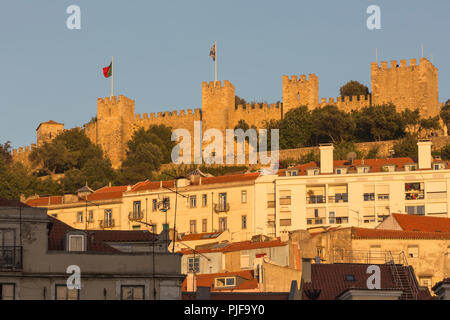 Lisbon, Portugal. Castelo de Sao Jorge seen from Praca da Figueira.  Castle of St George seen from the Figueira Square. Stock Photo