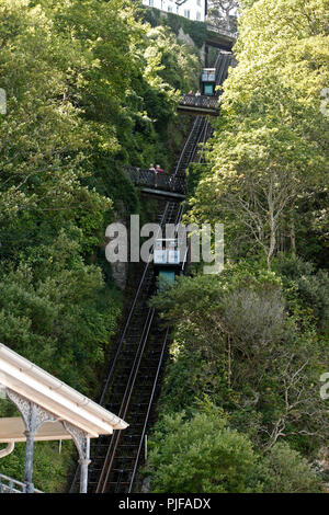 lynton to Lynmouth cliff railway showing the carriages on the climb Stock Photo