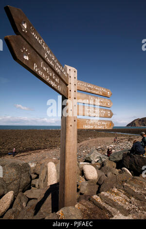 signs showing the various walks and mileage from Lynmouth, North Devon. Tarka trail, South West coastal path, two moors way, Coleridge way. Stock Photo