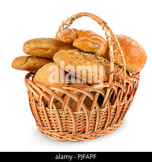 Freshly baked breads (buns, croissants, baguette, cereal bread) in basket isolated on white background. Stock Photo