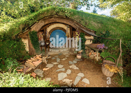 Hobbiton movie set created for filming The Lord of the Rings and The Hobbit movies in North Island of New Zealand
