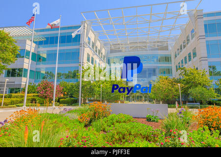 San Jose, CA, United States - August 12, 2018: Facade of Paypal Headquarters in Silicon Valley. Paypal is a multinational corporation that provides a virtual bank service and payments through internet Stock Photo