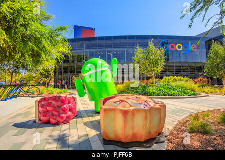 Mountain View, CA, USA - August 13, 2018: Android Nougat at Googleplex in Google headquarters a technology company leader in internet services, advertising, search engine, hardware and software. Stock Photo
