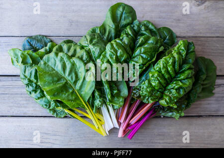 Organic rainbow chard: spray-free leafy greens in fan arrangement isolated on white background arrangement on dark rustic wooden background Stock Photo
