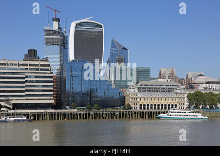 City of London Skyline from the River Thames showing the 'Walkie-Talkie' building, centre, and the old Billingsgate Fish Market, right. Stock Photo