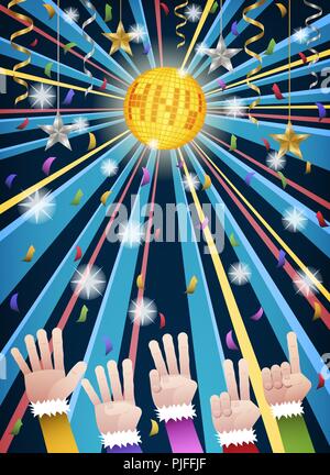 Happy new year countdown disco party with hands in colorful suits counting number from five to one, under gold HNY mirror ball, hanging gold, silver r Stock Vector