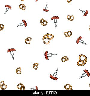 Pretzel and sausage pattern seamless. Vector illustration. Isolated white background. Stock Vector