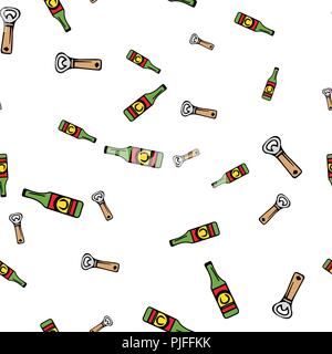 Beer and opener pattern seamless. Vector illustration. Isolated white background. Stock Vector