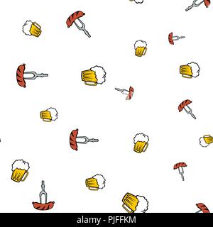 Beer and frankfurter pattern seamless. Vector illustration. Isolated white background. Stock Vector