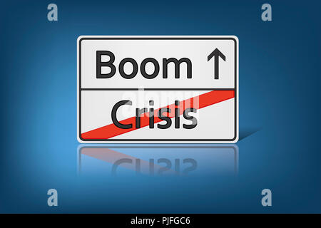 An image of a road sign with the words Crisis and Boom Stock Photo