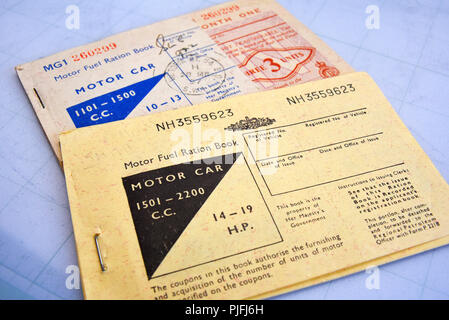 Motor fuel ration book. Petrol rationing. Fuel rations. Coupons for the purchase of motor car fuel, petrol, during post war rationing. Austerity Stock Photo
