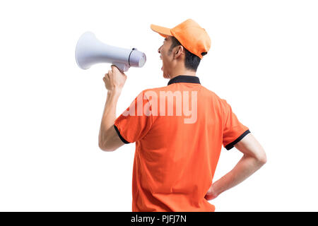 Cheerful pizza delivery person shouting through megaphone Stock Photo ...