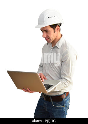 portrait isolated friendly architect with notebook on white background Stock Photo