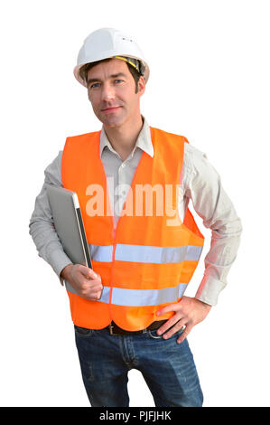 portrait isolated friendly architect with notebook on white background Stock Photo