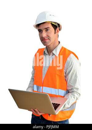 portrait isolated friendly architect with notebook on white background Stock Photo