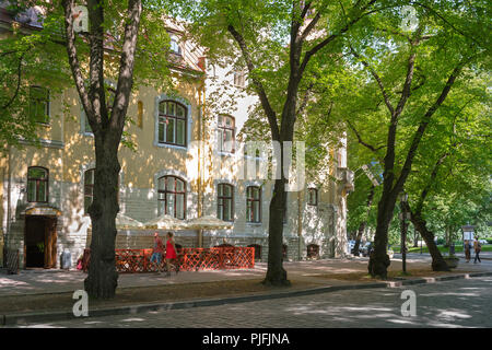 Toompea Hill, on a summer afternoon two young people walk in the shade along a tree-lined street on Toompea Hill in the center of Tallinn, Estonia. Stock Photo