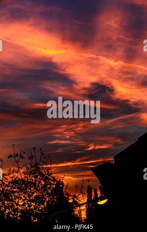 Vivid colored mystic sky, dark silhouette, ray of lights. Stock Photo