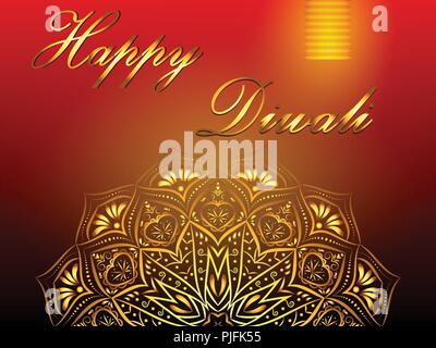 Happy Diwali red background, hindu festival of lights, with golden mandala and paper lantern. Vector eps 10. Stock Vector