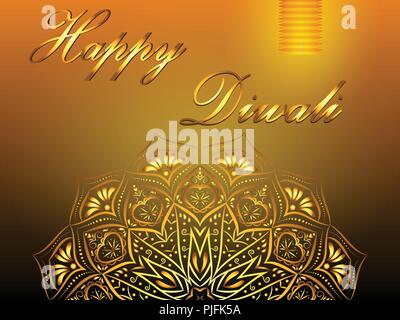 Happy Diwali yellow background, hindu festival of lights, with golden mandala and paper lantern. Vector eps 10. Stock Vector