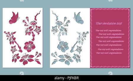 Blossom cherry branch. Sakura. Graphic vector decorative elements. Template suitable for laser cutting. butterfly Stock Vector