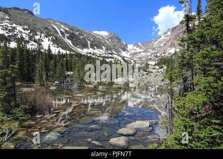 Rocky Mountain National Park in Colorado, USA. Lake Haiyaha view with Flattop Mountain. Stock Photo