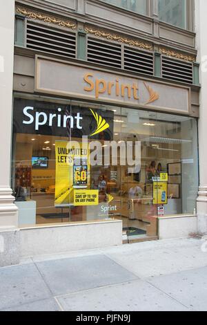 NEW YORK, USA - JULY 1, 2013: Sprint cellular operator shop in New York. Sprint Corporation is the 3rd largest US wireless network operator with 53.6  Stock Photo