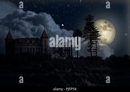 Old mysterious house in a full moon night Stock Photo