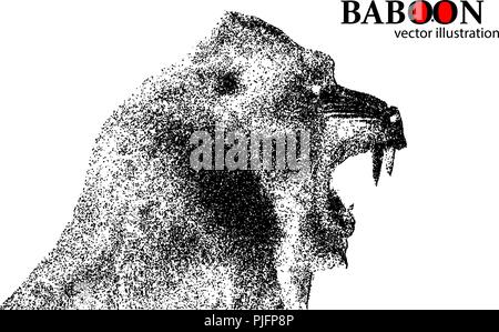 Silhouette of a baboon from particles. Background and text on a separate layer, color can be changed in one click. Stock Vector