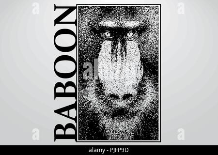 Silhouette of a baboon from particles. Background and text on a separate layer, color can be changed in one click. Stock Vector