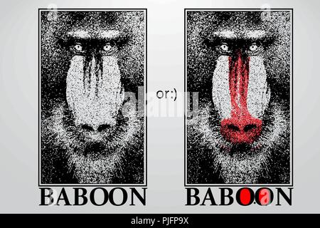 Silhouette of a baboon from particles. Background and text on a separate layer, color can be changed in one click. Stock Vector