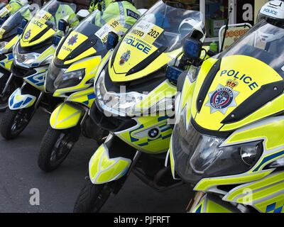 Details of Police Motorbikes lined up waiting the start of stage five of the Tour of Britain 2018, Cockermouth, Cumbria, England, United Kingdom Stock Photo