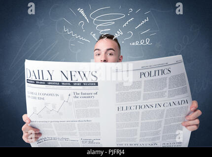 Confused businessman holding big newspaper Stock Photo