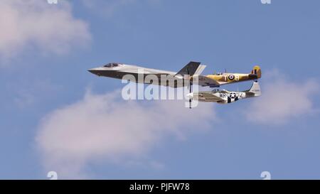 USAF Heritage Flight - Lockheed Martin F-35A Lightning II, North American P-51D Mustang, The Hun Hunter Texas’ and BBMF Spitfire MK356 Stock Photo