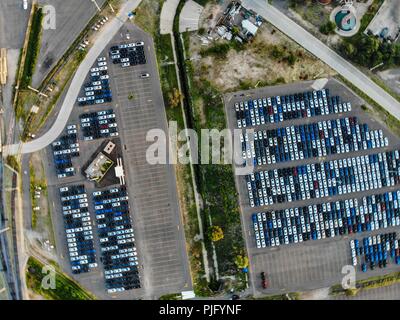 Aerial view of the Ford Motor Company automotive company in the Hermosillo industrial park, Sonora Mexico. Hundreds of new cars. train. Trasnport. Car Stock Photo