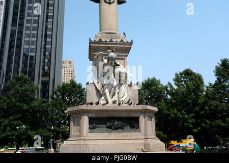 Base of Christopher Columbus Statue in Columbus Circle in New York City, with pigeons Stock Photo