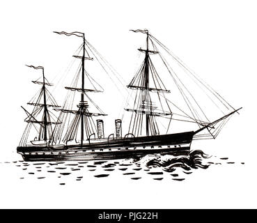 Old sailing ship. Ink black and white illustration Stock Photo - Alamy