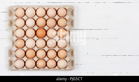 the eggs in the carton boxes laying on white wooden background with copy space closeup Stock Photo